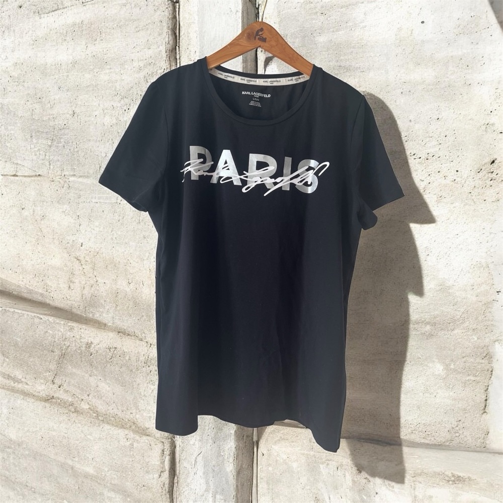KARL LAGERFELD Women’s Graphic Paris Tee | Black | L | Preowned